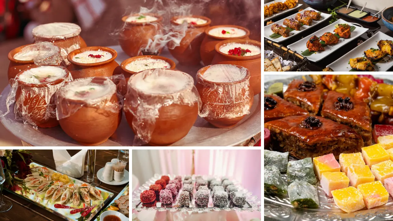 A collection of images showing a variety of delicious food from different cultures, including Indian sweets, Turkish baklava, and Middle Eastern appetizers. The images are arranged in a collage format, and each one shows the food in a different setting, such as a table setting, a buffet, or a market stall. The food is presented in a way that is both appetizing and visually appealing.