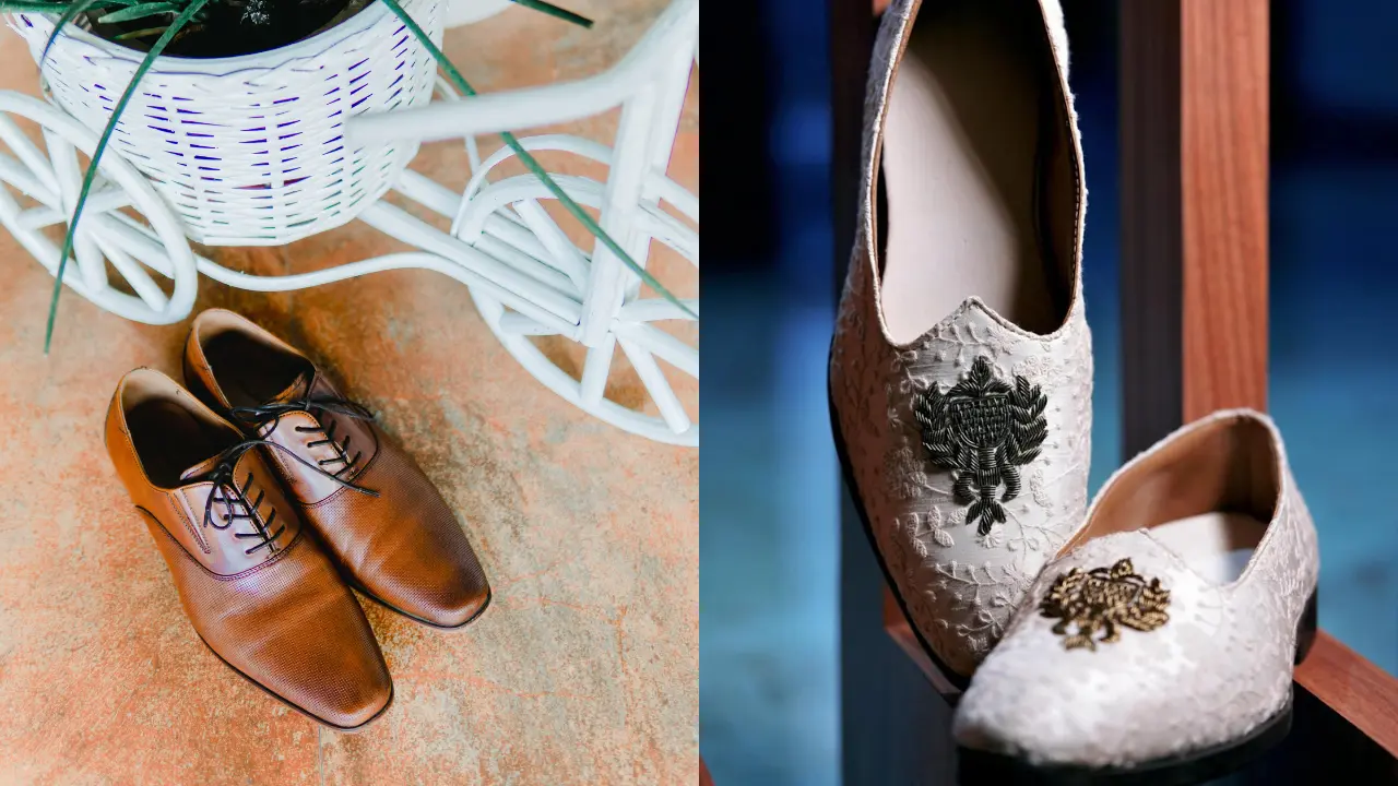 A pair of brown leather shoes with laces and a pair of white embroidered shoes with embellishments.