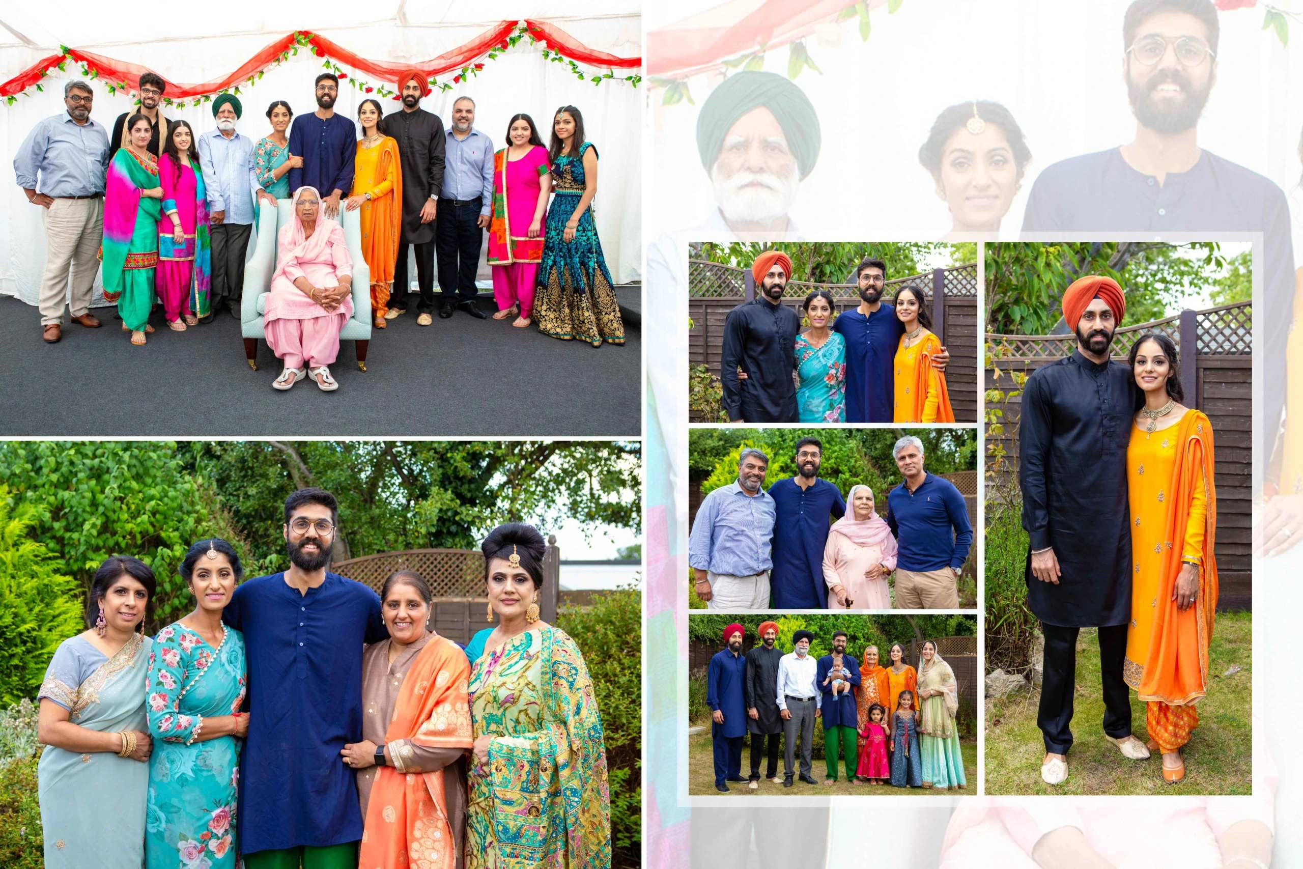 A collage of photos celebrating a Sikh family. The photos show a group of people in traditional Sikh clothing posing for photos, including families standing together, children playing, and a couple in a traditional wedding ceremony