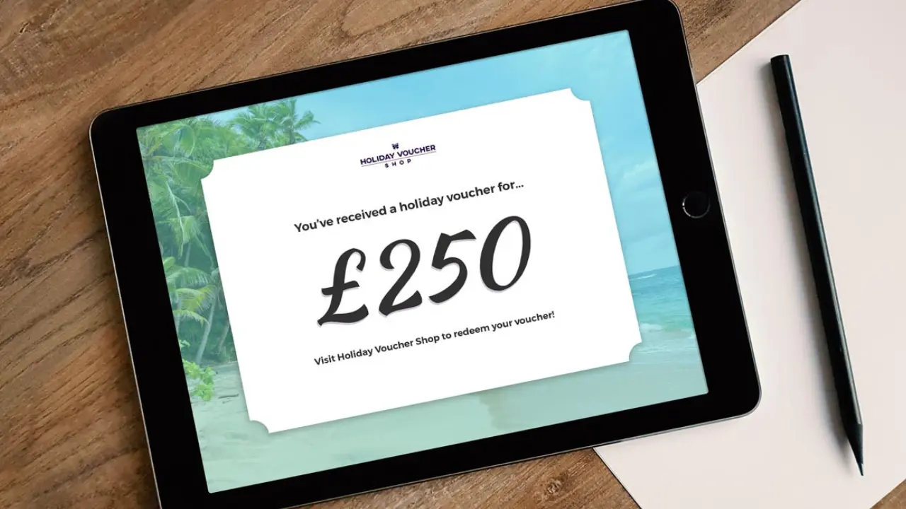 A digital voucher worth £250 displayed on a tablet, ready to be redeemed at the Holiday Voucher Shop.