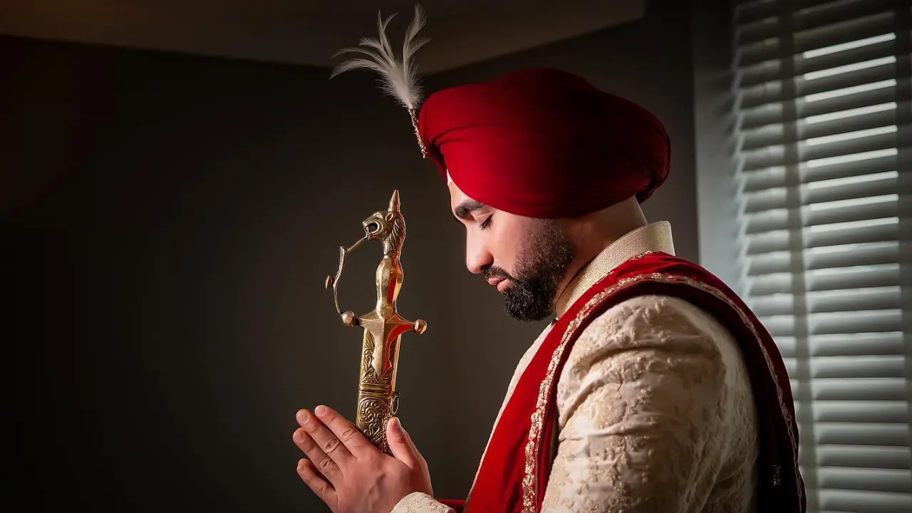 A groom wearing a traditional Sikh turban, or dastar, with a red kalgi adorned with feathers, holds a kirpan, a ceremonial dagger, while looking down with his eyes closed. He is wearing a white sherwani with a red dupatta over his shoulders. The background features a dark wall and blinds.