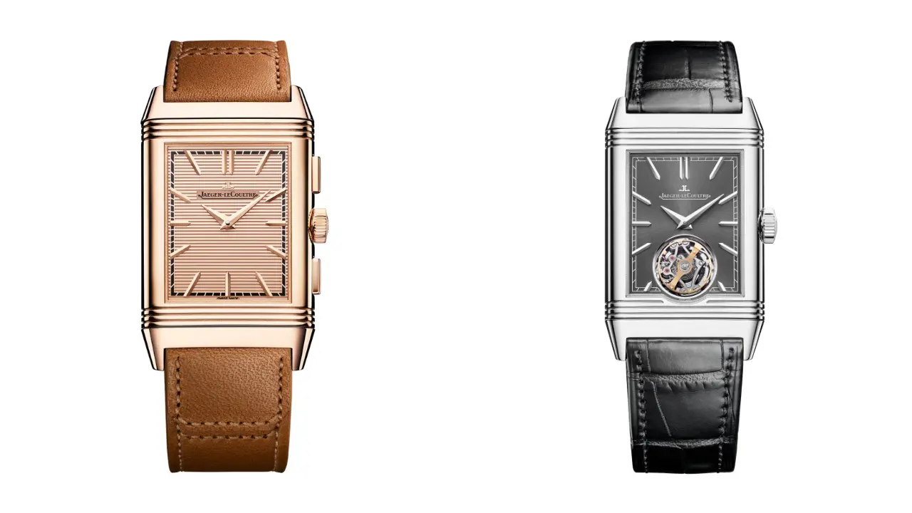 Two Jaeger-LeCoultre Reverso Tribute Duoface watches. The left watch has a rose gold case with a brown leather strap and a pink dial. The right watch has a stainless steel case with a black leather strap and a silver dial with an exposed movement.