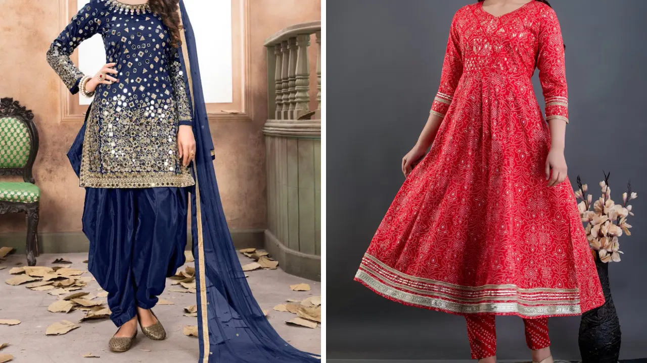 Two women are wearing beautiful Indian dresses. On the left, the woman is wearing a dark blue salwar kameez with a mirror work design. On the right, the woman is wearing a red Anarkali suit with a gold and silver trim.