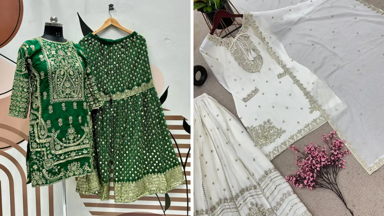 Two Indian salwar kameez suits. The left one is green with gold embroidery, and the right one is white with silver embroidery. Both have matching dupattas.