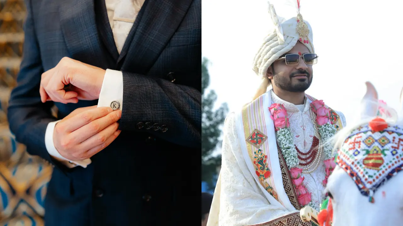 The left side shows a groom in a classic blue suit, adjusting his cufflinks. The right side shows a groom in traditional Indian wedding attire, with a white turban and garlands of flowers, riding a horse. The grooms are smiling and look happy.