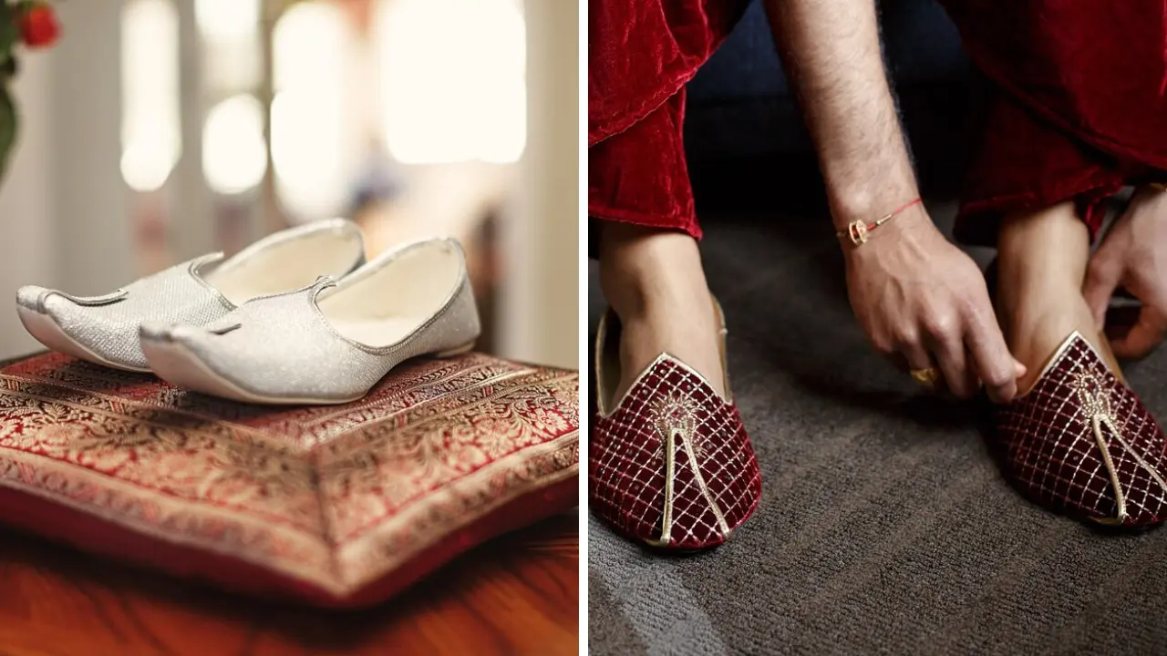 A pair of silver embroidered juttis and a pair of red embroidered mojaris, traditional Indian wedding footwear.