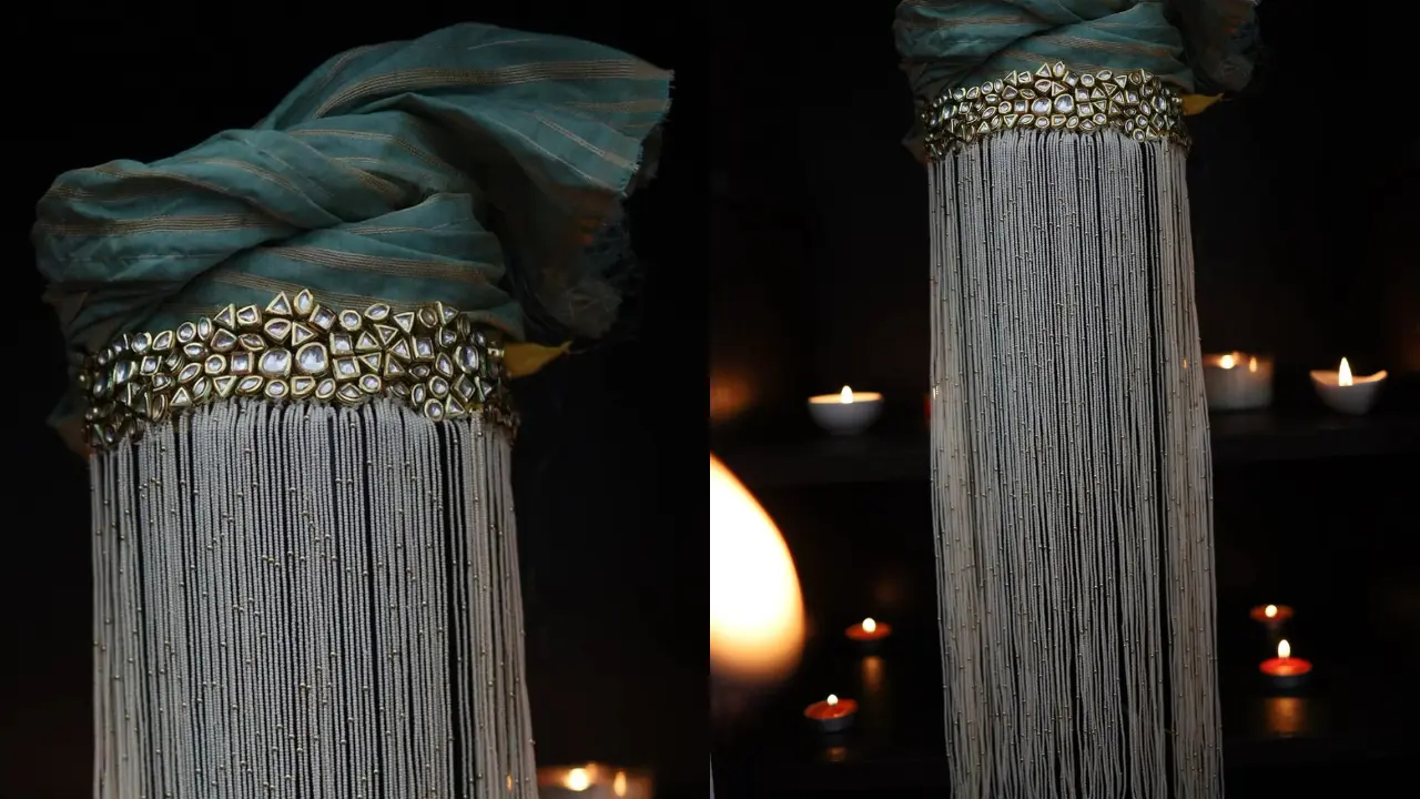 A Sehra, a traditional Indian groom's headpiece, featuring Kundan stones and long pearl tassels.