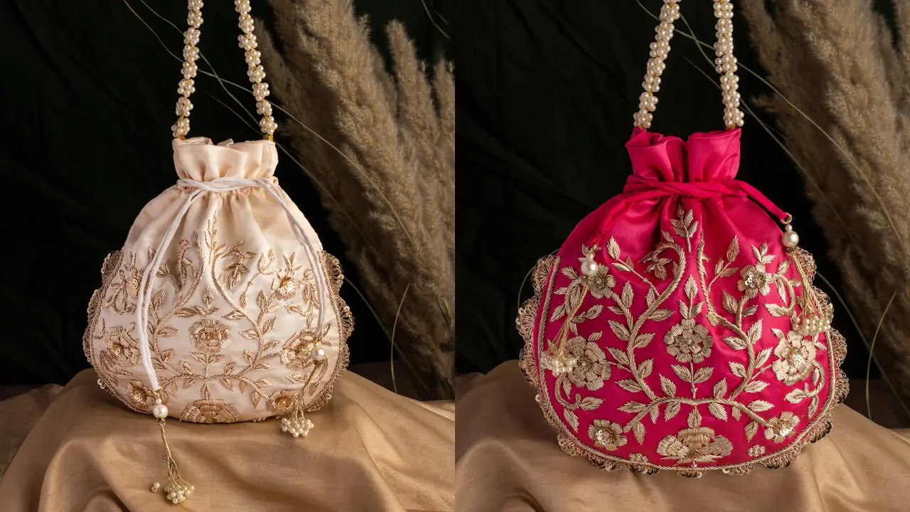 Two embroidered potli bags, one in cream and one in pink, with pearl detailing and tassels.