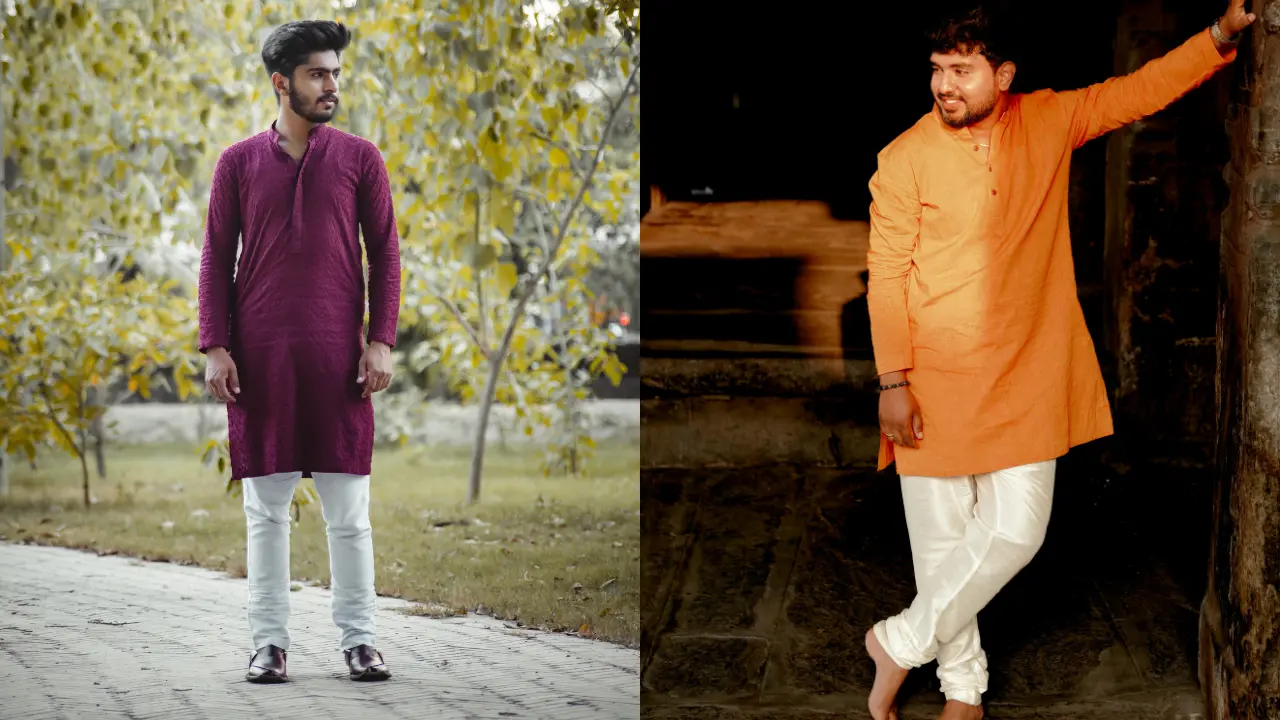 Two men are standing in different settings. The man on the left is wearing a burgundy kurta and white pants and is standing on a paved path in a park. The man on the right is wearing an orange kurta and white pants and is standing in front of a stone wall. Both men are looking away from the camera.