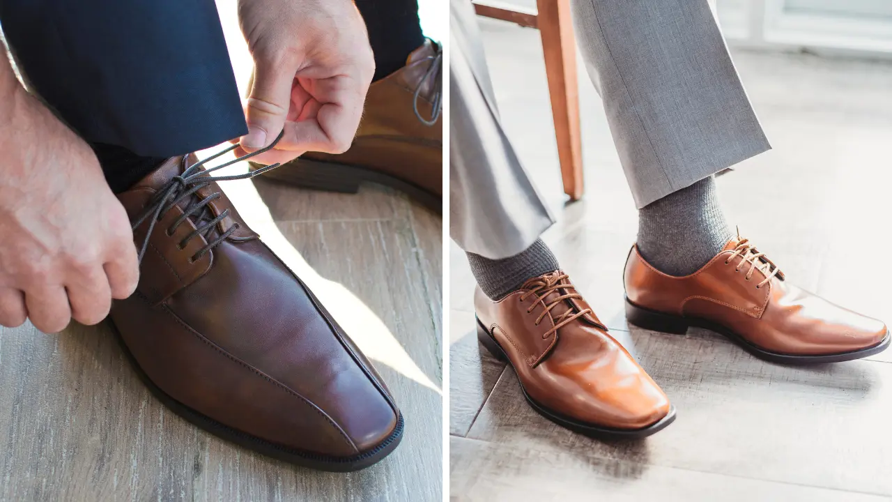 A pair of brown leather Oxford shoes with a plain toe and lace-up closure.