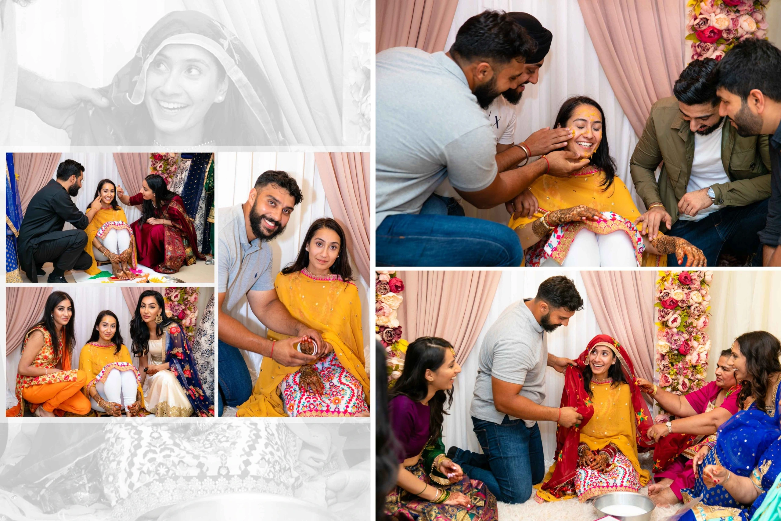 A collage of photos showing various moments from a South Asian wedding ceremony. The top left corner shows a bride smiling as a man places a veil over her head. The top right shows a groom applying turmeric paste to the bride's forehead. The bottom left shows the bride and her female friends all dressed up for the ceremony. The bottom right shows a groom applying a garland to the bride's head. The background of all the photos shows a beautiful floral decoration with pastel pink drapes.