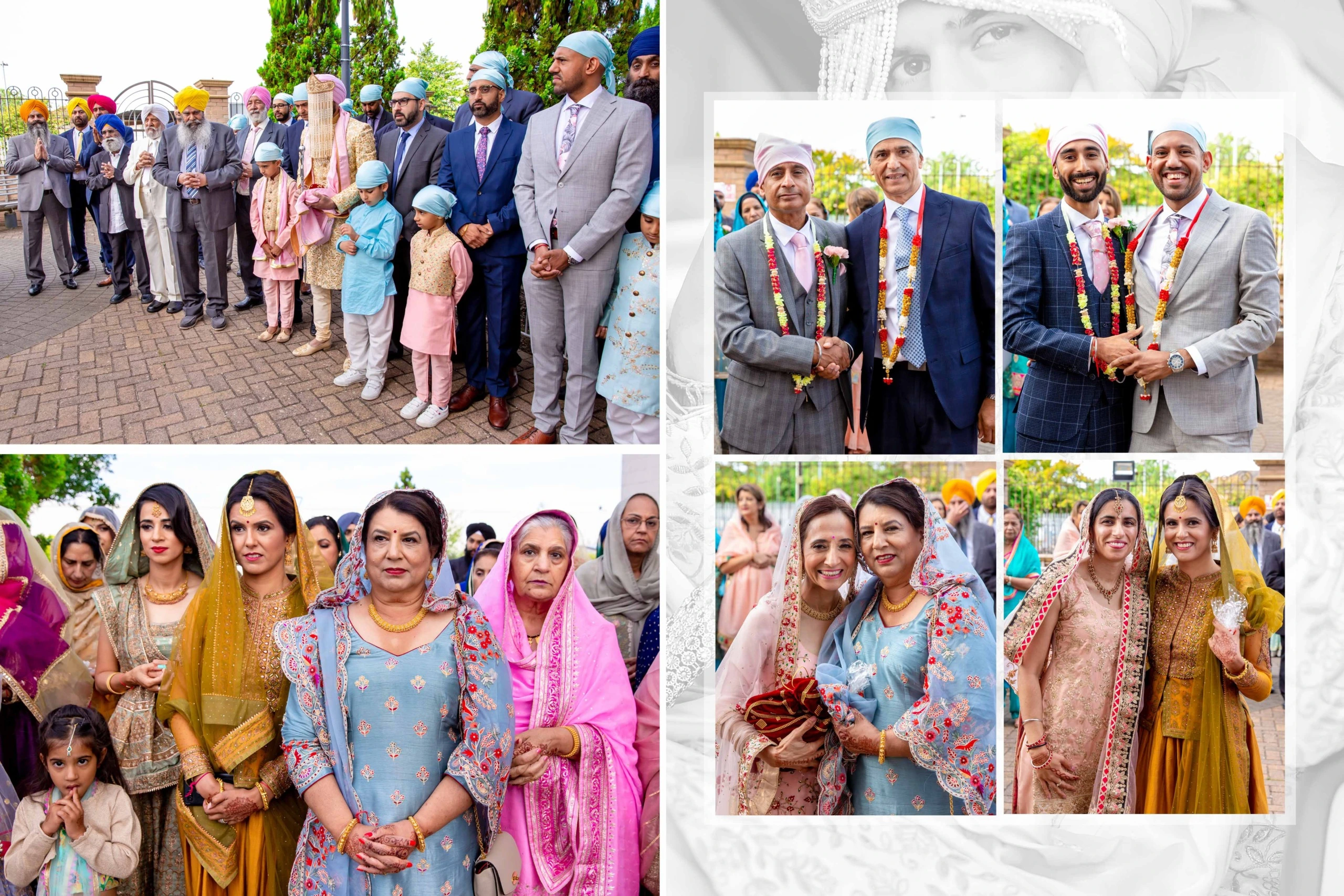 An image of a Sikh wedding ceremony, showcasing two brides and grooms in traditional attire, surrounded by guests and family. The first photo shows the grooms standing with the groomsmen in a line. The second photo shows the grooms standing together. The third photo shows the bride's family. The fourth photo shows the grooms and the brides with their respective families.