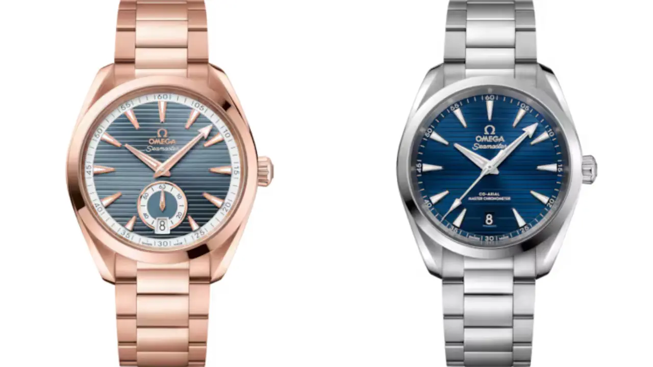 Two Omega Seamaster Aqua Terra watches. The watch on the left has a rose gold case and bracelet with a blue dial. The watch on the right has a stainless steel case and bracelet with a blue dial. Both watches have a date window at 6 o'clock and a vertical line pattern on the dial.