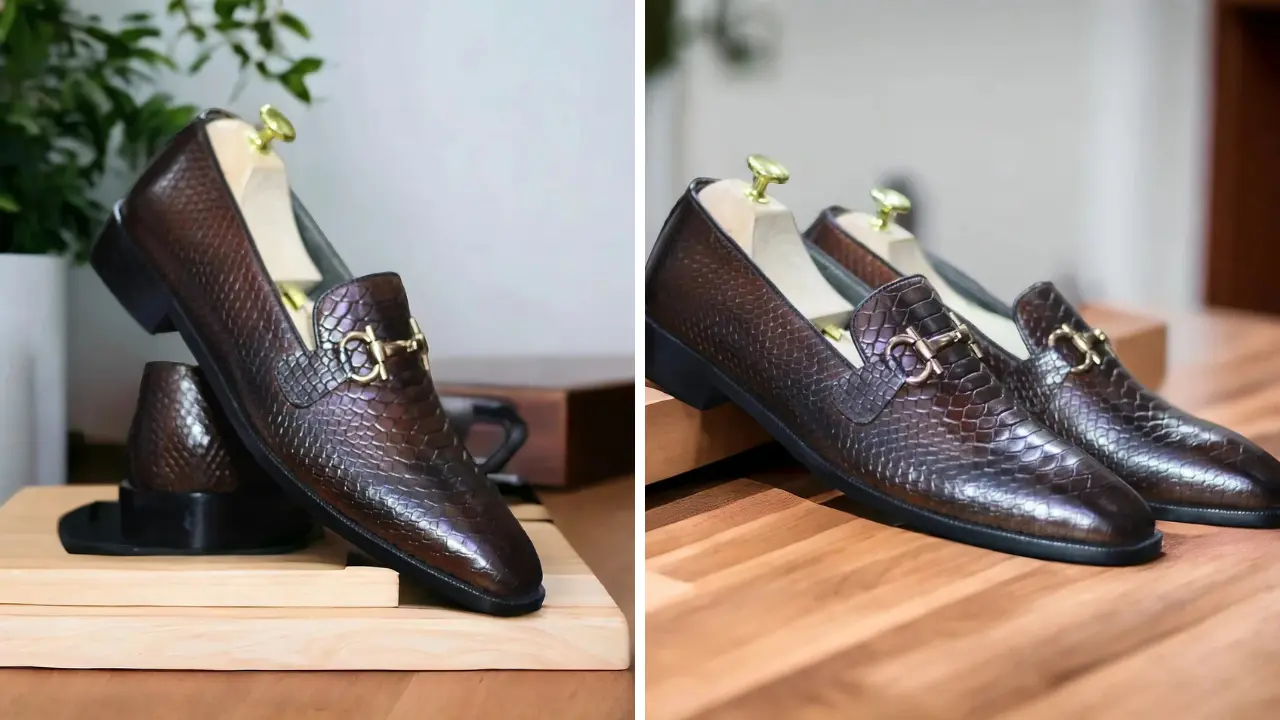 A pair of brown loafers with a snake-like embossed texture and a gold horsebit detail