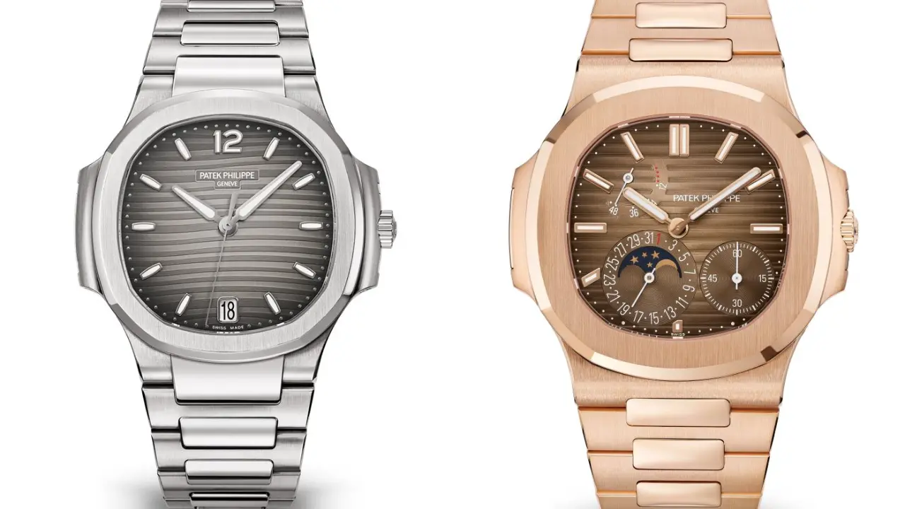 Two Patek Philippe Nautilus watches side by side. The watch on the left has a stainless steel case and bracelet with a silver dial. The watch on the right has a rose gold case and bracelet with a brown dial featuring a moon phase and date display.