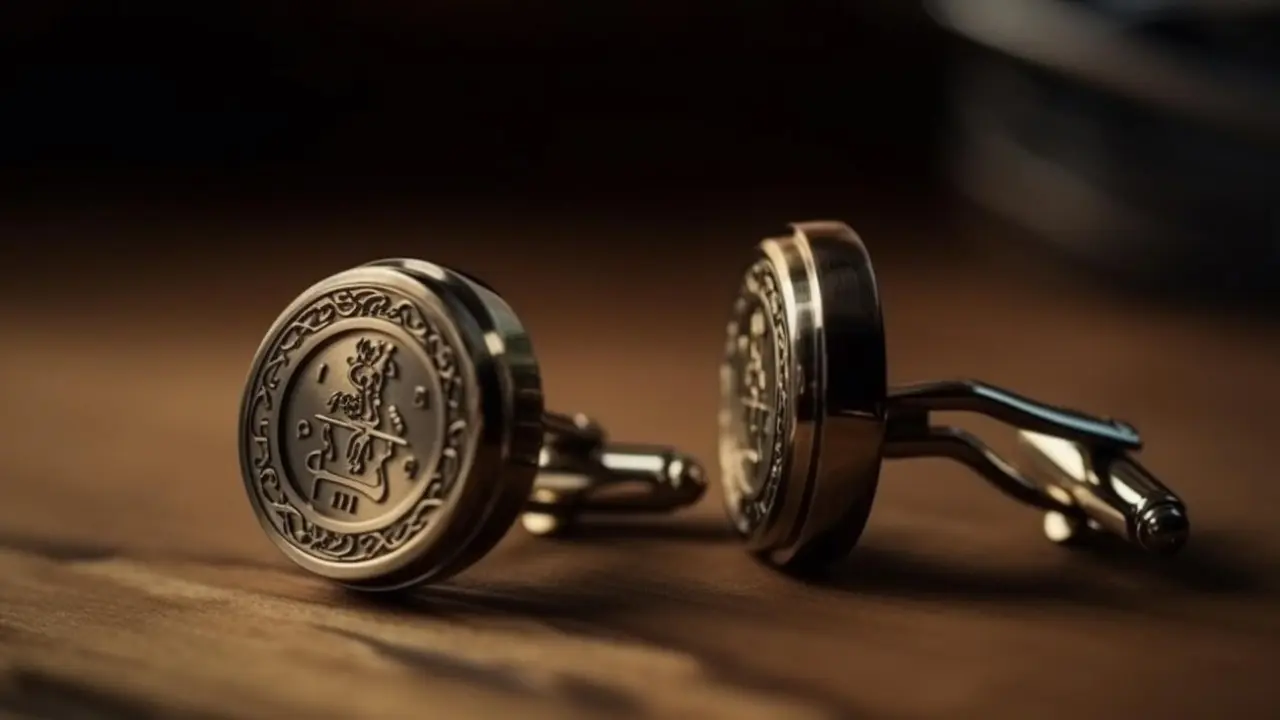 A pair of vintage-style cufflinks with intricate engravings on a wooden surface.