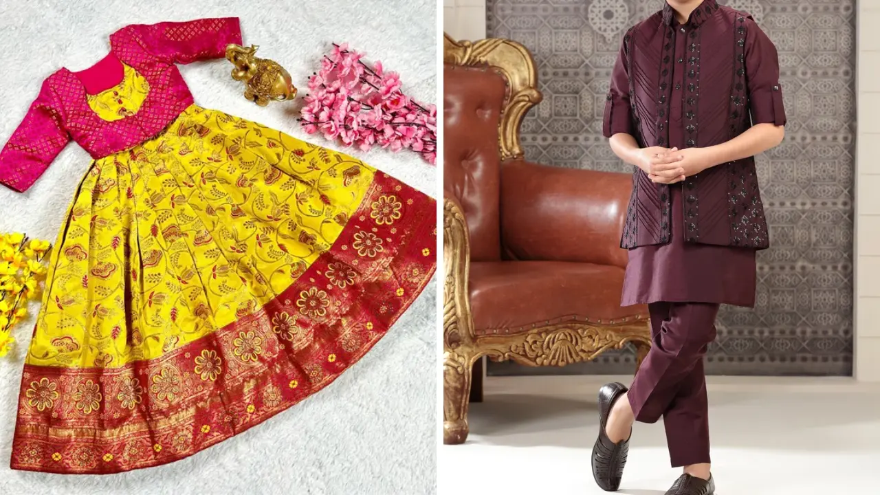 A yellow and red Indian lehenga with a pink choli and a young boy wearing a maroon kurta and jacket.