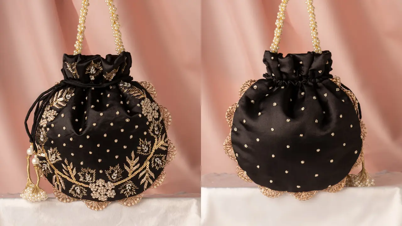 A black potli bag with gold embroidery and pearl detailing, shown from two different angles.