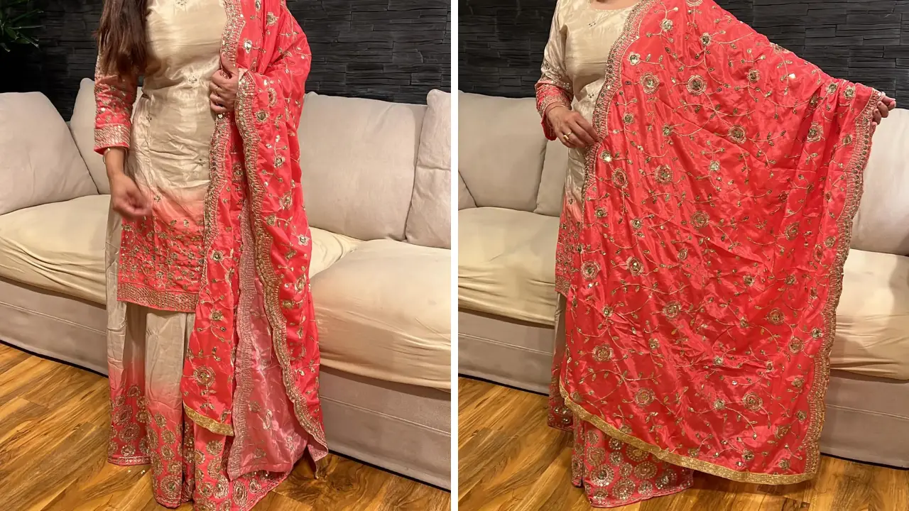 A pink lengha with a long top, embellished with silver embroidery and sequins. The top has long sleeves and a V-neckline. The lengha is paired with a matching dupatta.