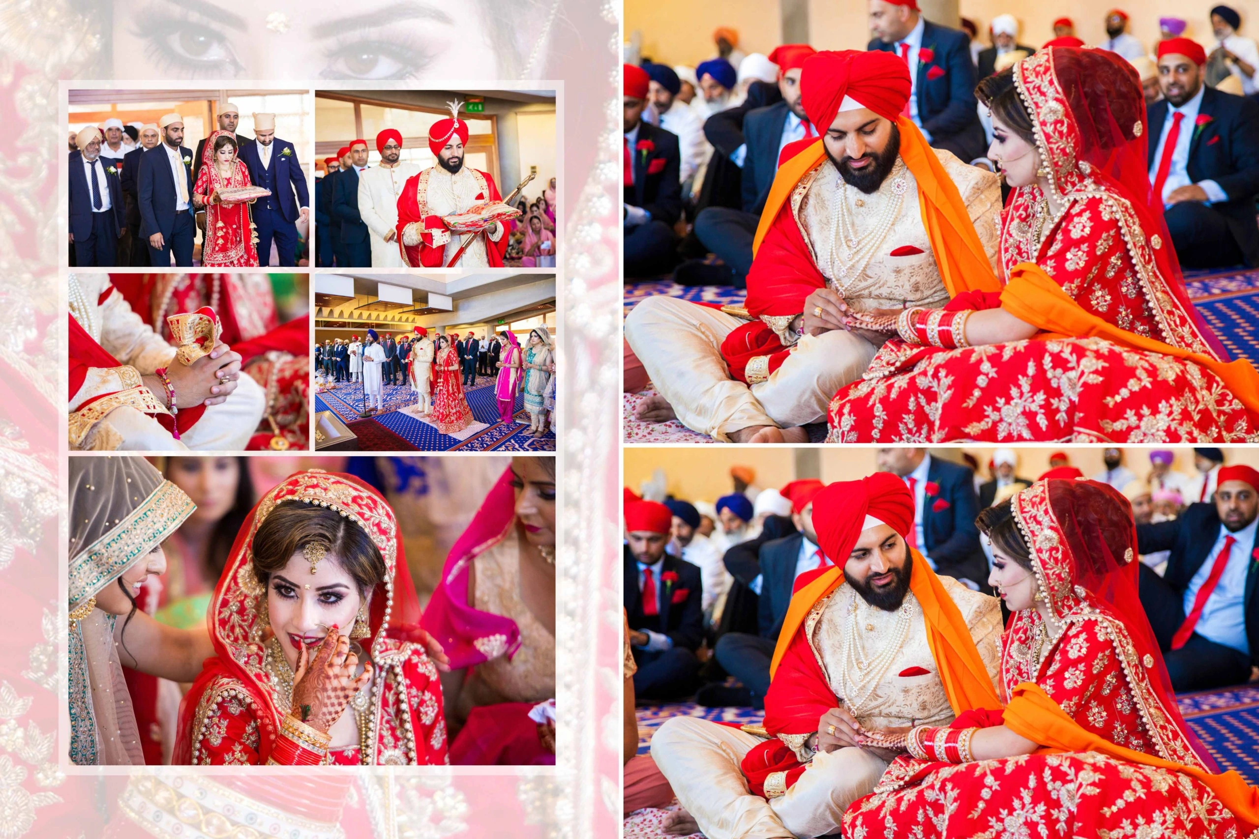 A collage of photos showing a Sikh wedding ceremony. The top left photo shows the bride and groom walking down the aisle, while the bottom left photo shows the bride being helped into her wedding dress. The top right photo shows the bride and groom exchanging vows, while the bottom right photo shows the bride and groom sitting on the floor, both wearing traditional Indian clothing.