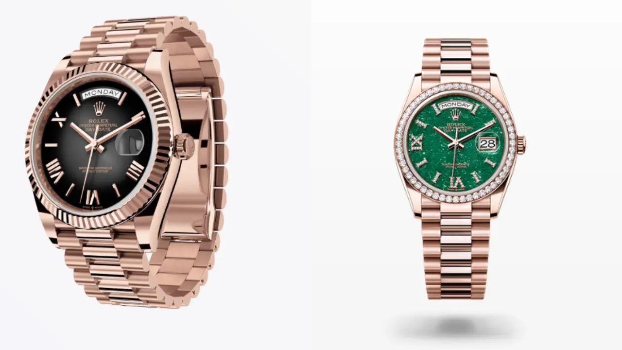 Two Rolex Day-Date watches. The watch on the left has a black dial and a yellow gold bracelet. The watch on the right has a green dial with diamond hour markers and a yellow gold bracelet. Both watches feature a day and date display.