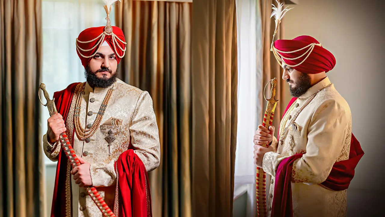 A Sikh Groom dressed in a traditional Indian wedding outfit, complete with a turban adorned with a kalgi (a plume), a gold embroidered sherwani, and a red shawl. He is holding a ceremonial sword. The image depicts a sense of royalty and elegance.