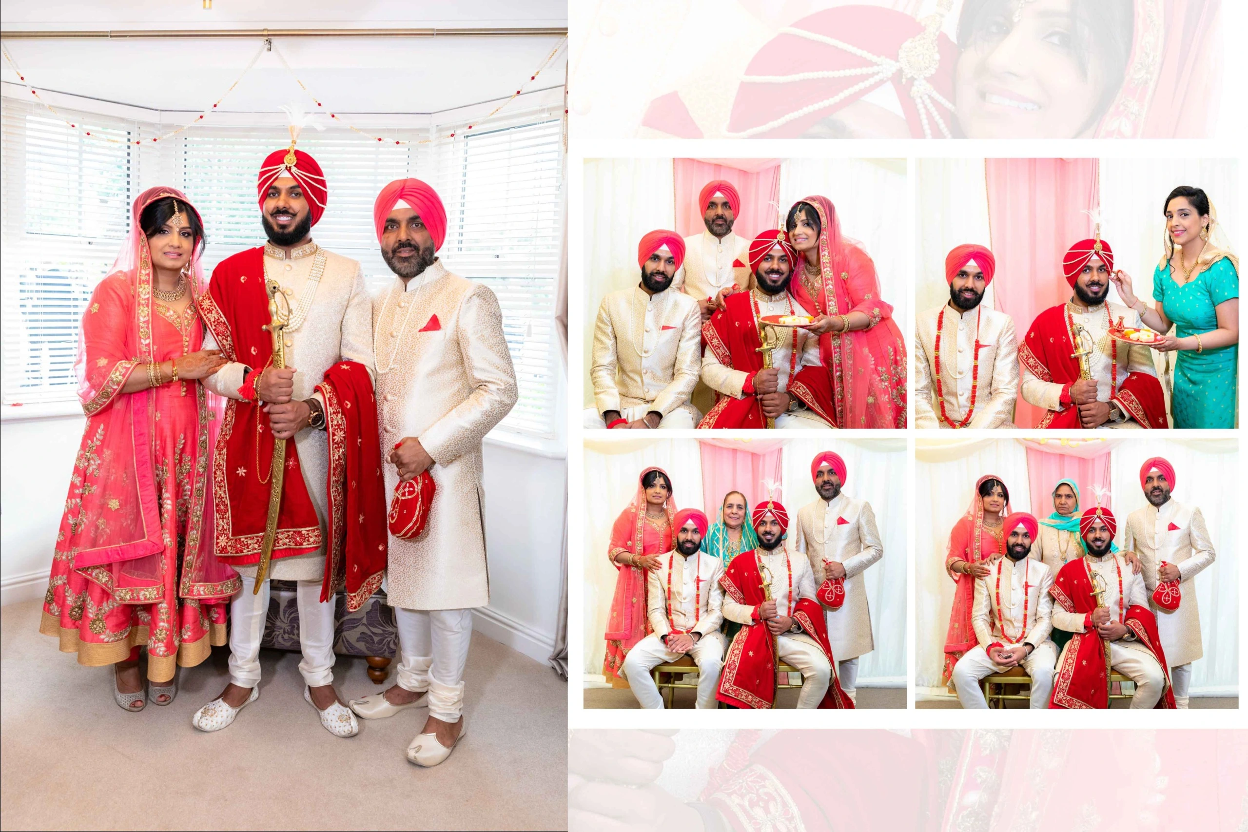 A collage of photos from an Indian wedding ceremony. The photos show the bride and groom, their families, and friends. There are several photos of the couple getting ready for the ceremony and photos of them during the ceremony. The photos capture the joy and excitement of the special day.