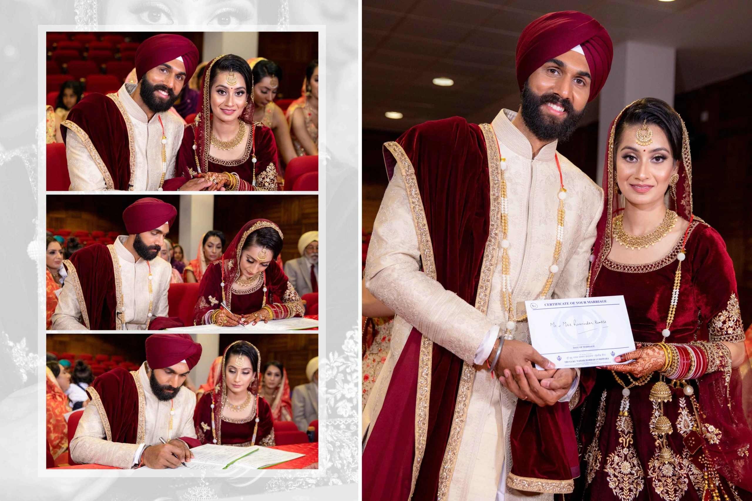 A newly married Sikh couple signing a marriage certificate during their wedding ceremony. The groom is wearing a white kurta with a maroon shawl, and the bride is wearing a maroon lehenga with gold embroidery. The couple is holding the certificate together, and there are other guests in the background.