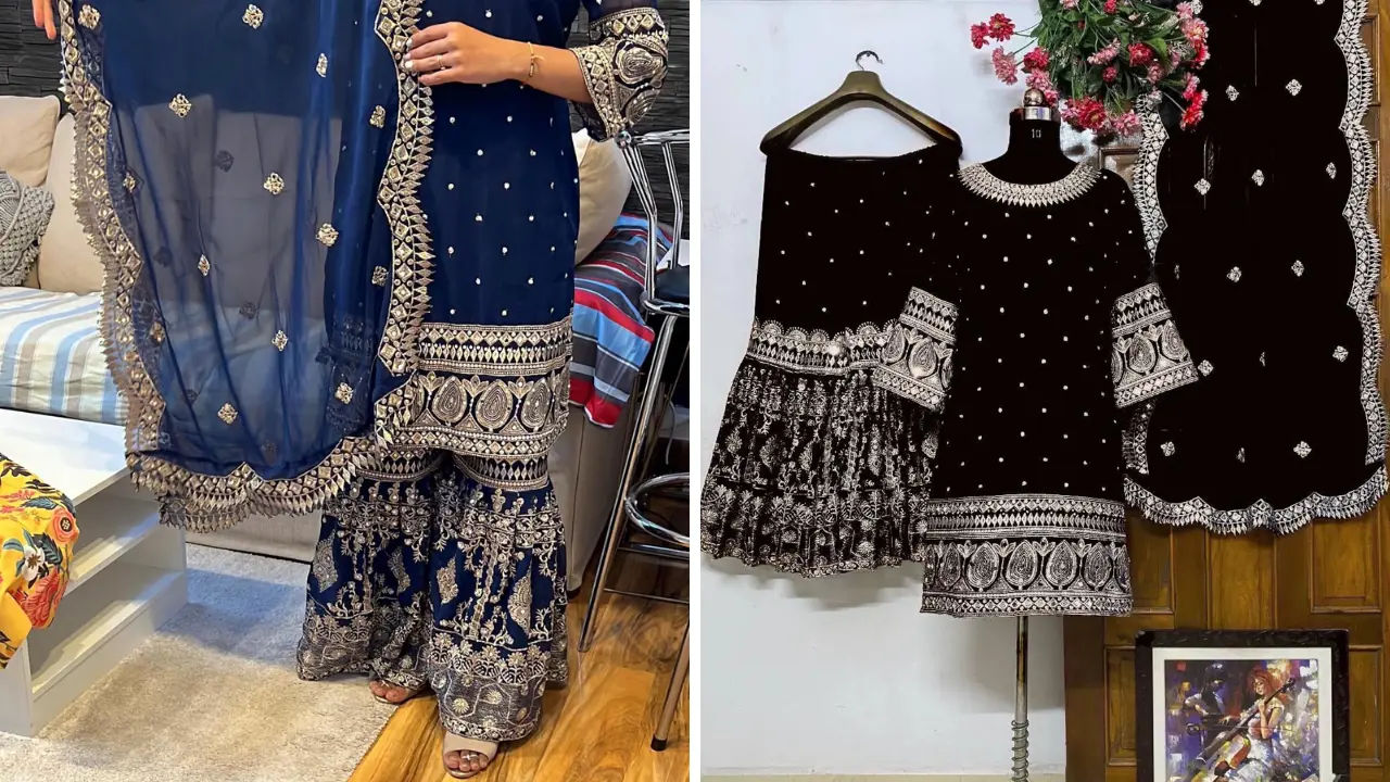 A Sharara suit set featuring a navy blue embroidered top and matching sharara pants. The set is paired with a black embroidered dupatta. The suit is displayed on a mannequin and a person.