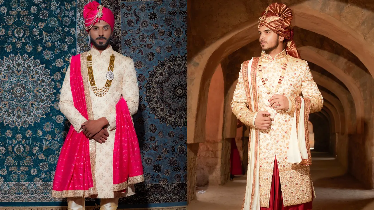 Two Indian men are dressed in traditional wedding attire, posing for photos. The man on the left is standing in front of a patterned carpet, the man on the right is standing in a hallway made of stone. Both men are wearing white kurtas with gold embroidery, red scarves, and ornate turbans.