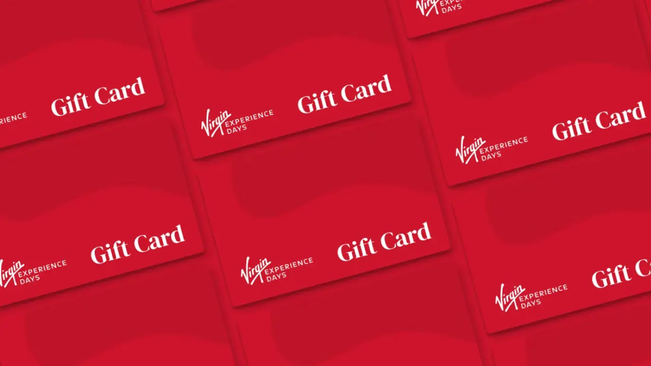 A collection of red Virgin Experience Days gift cards arranged in a repeating pattern.