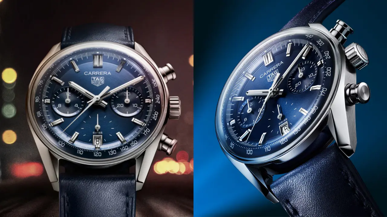 Two TAG Heuer Carrera Chronograph watches. The left watch has a blue dial with a stainless steel case and bracelet. The right watch also has a blue dial but with a stainless steel case and a blue leather strap. Both watches feature chronograph subdials and tachymeter scales on the bezel.