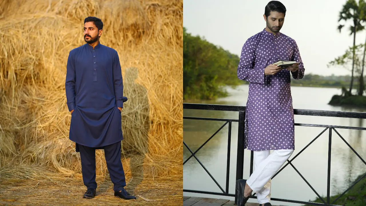 Two men stand in different settings, both wearing traditional long kurtas. The man on the left is wearing a solid blue kurta with black pants, standing in a field of golden hay. The man on the right is wearing a purple patterned kurta with white pants, standing on a wooden platform near a body of water. Both men are looking confident and stylish.