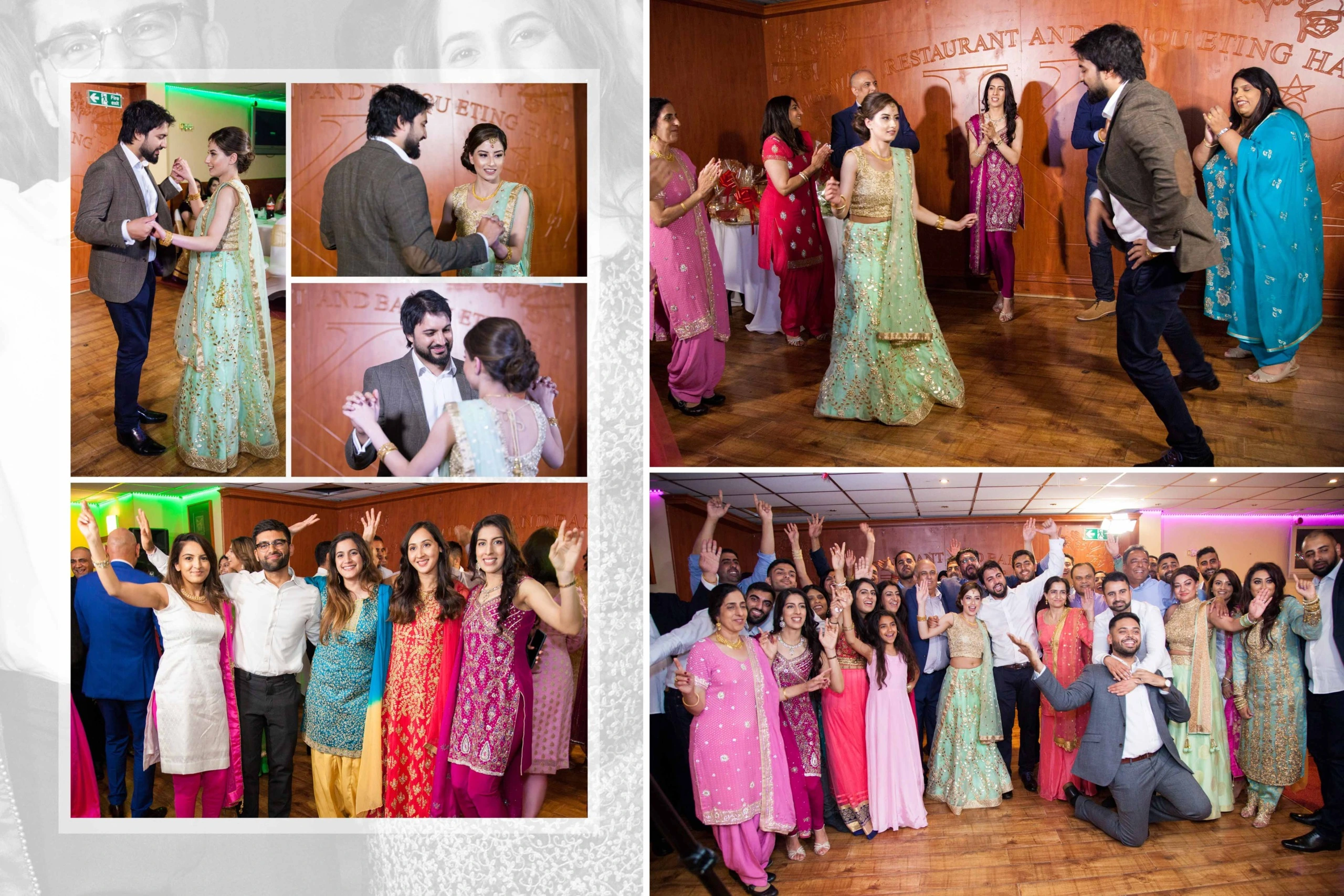 A collage of photos from an Indian wedding. The top row features photos of couples dancing at the wedding. The bottom row features photos of guests celebrating at the wedding.