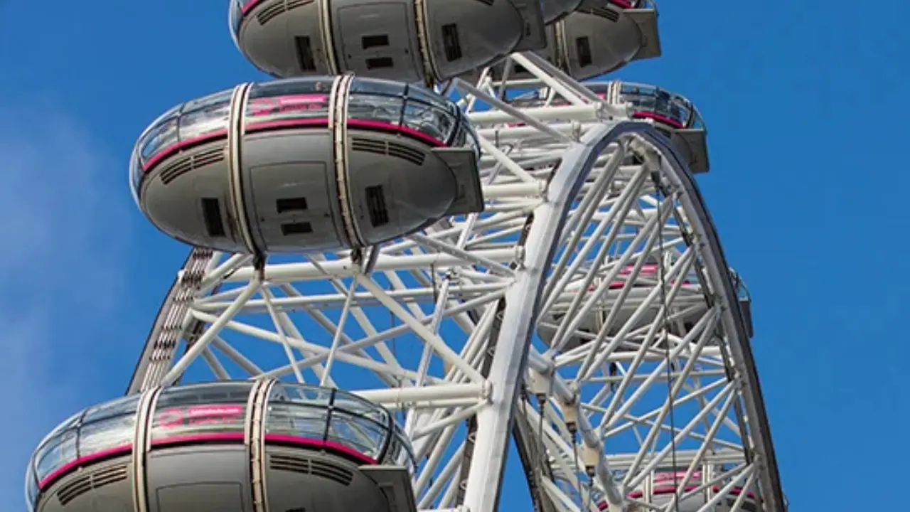 The iconic London Eye Ferris wheel with its distinctive capsules against a clear blue sky.