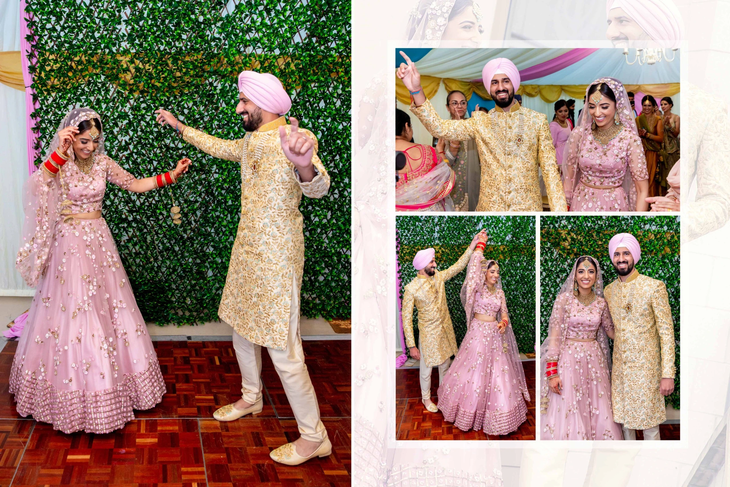 A collage of photos of an Sikh wedding couple in traditional attire. The couple is seen dancing and posing for photos.