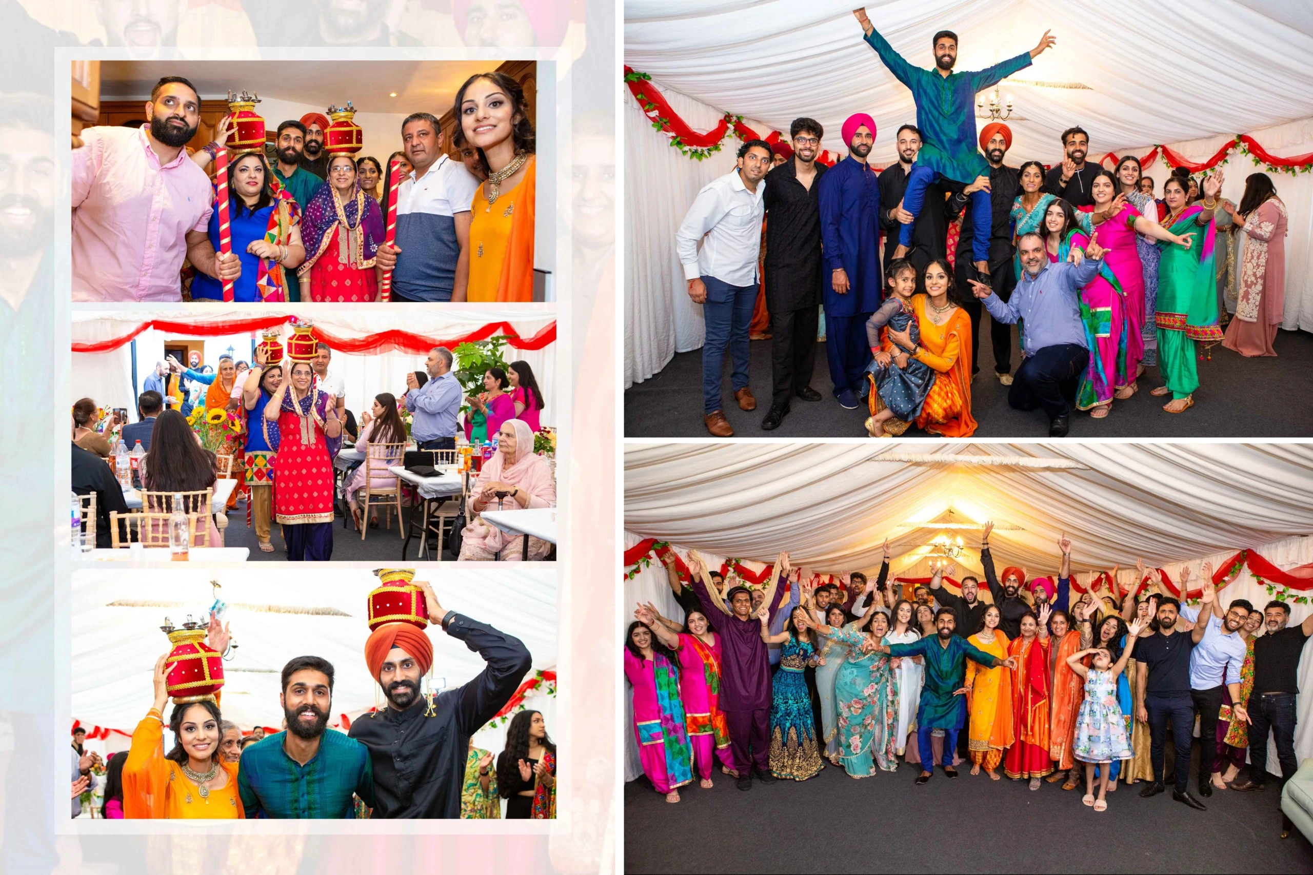 A collage of four photos showing different aspects of an Indian wedding celebration. The first photo shows a group of people, some holding up pots with red covers, smiling at the camera. The second photo shows a group of people standing in a tent, some of them are dancing. The third photo shows a group of people sitting at tables and chairs, some are standing and chatting. The fourth photo shows a group of people standing in a tent, some of them are dancing. All the photos are taken from different angles and show the joy and excitement of the occasion.