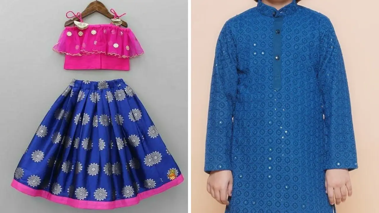 Pink crop top and a blue skirt with silver flowers for girls, and a boy wearing a blue kurta with sequins. Both are traditional Indian clothing.