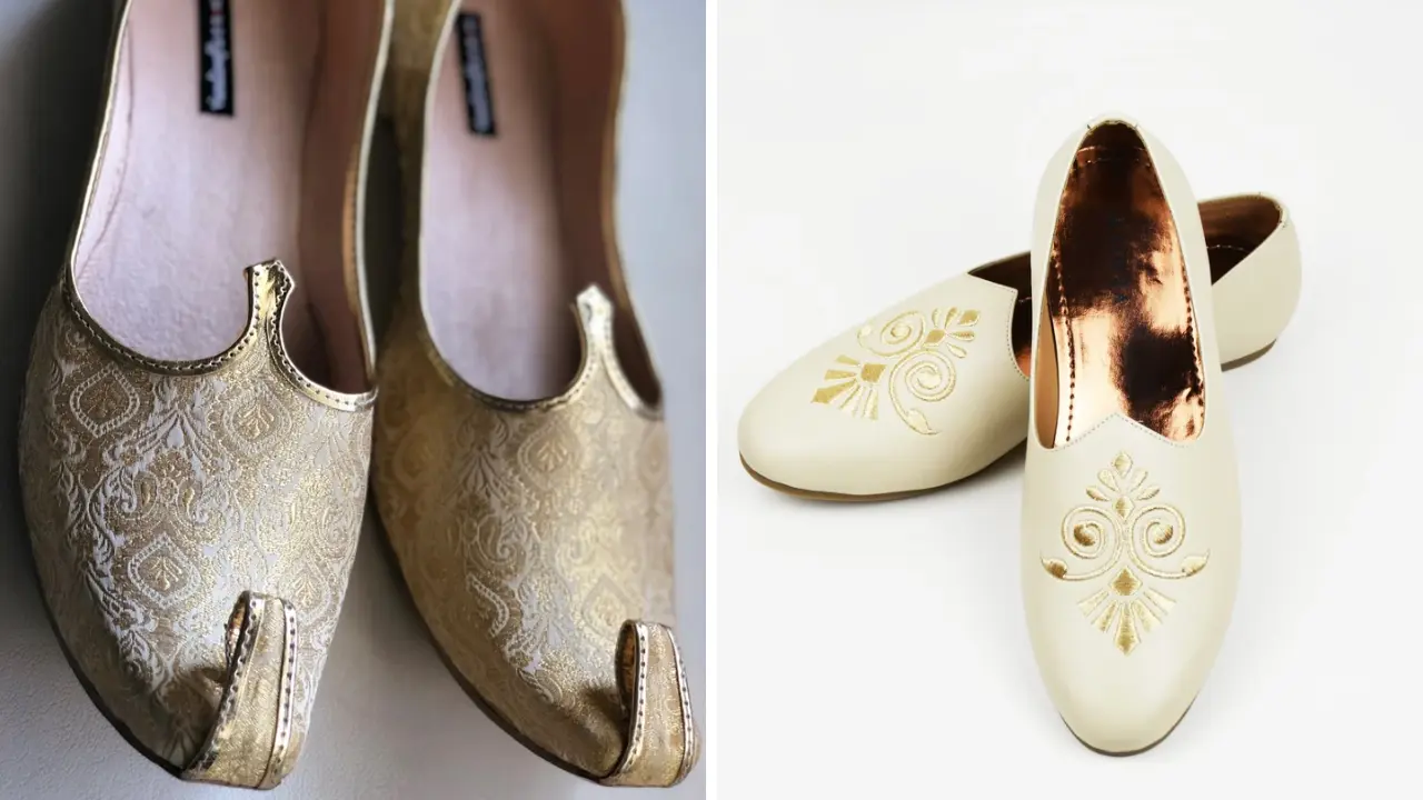 A pair of golden embroidered juttis and a pair of white juttis with gold embroidery.