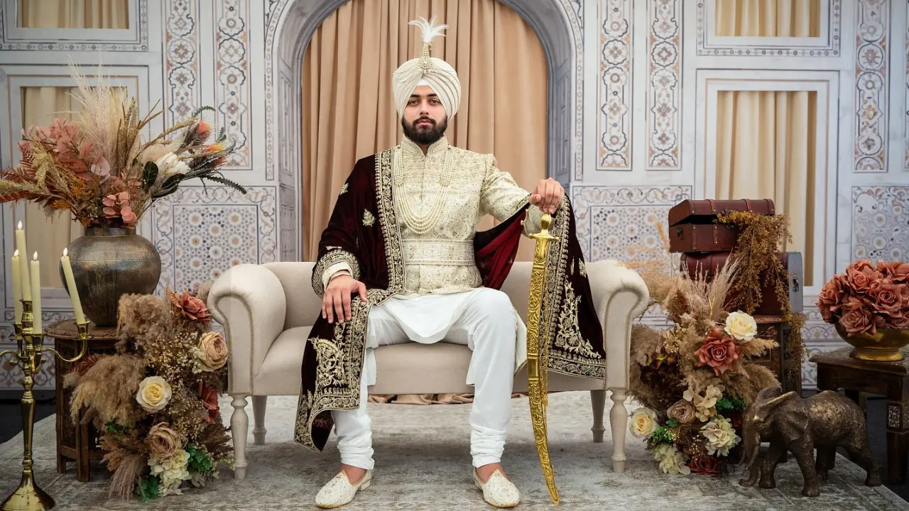 Sikh Groom in traditional Indian attire, complete with a white turban adorned with a decorative Kalgi, sits regally on a white couch holding a sword. The backdrop features ornate walls and decorative elements, creating a timeless and elegant atmosphere.