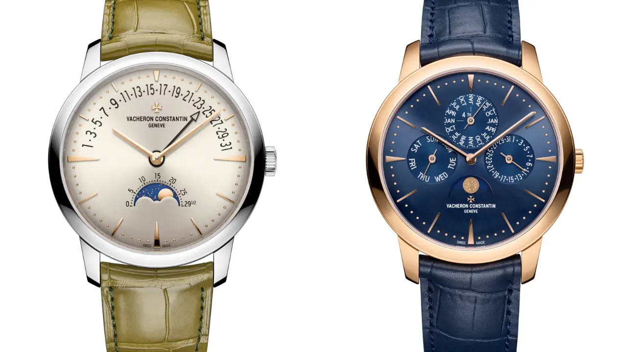 Two Vacheron Constantin Patrimony Moon Phase Retrograde Date watches. The watch on the left has a white dial with a green leather strap, while the watch on the right has a blue dial with a blue leather strap. Both watches feature a moon phase indicator and a retrograde date display.