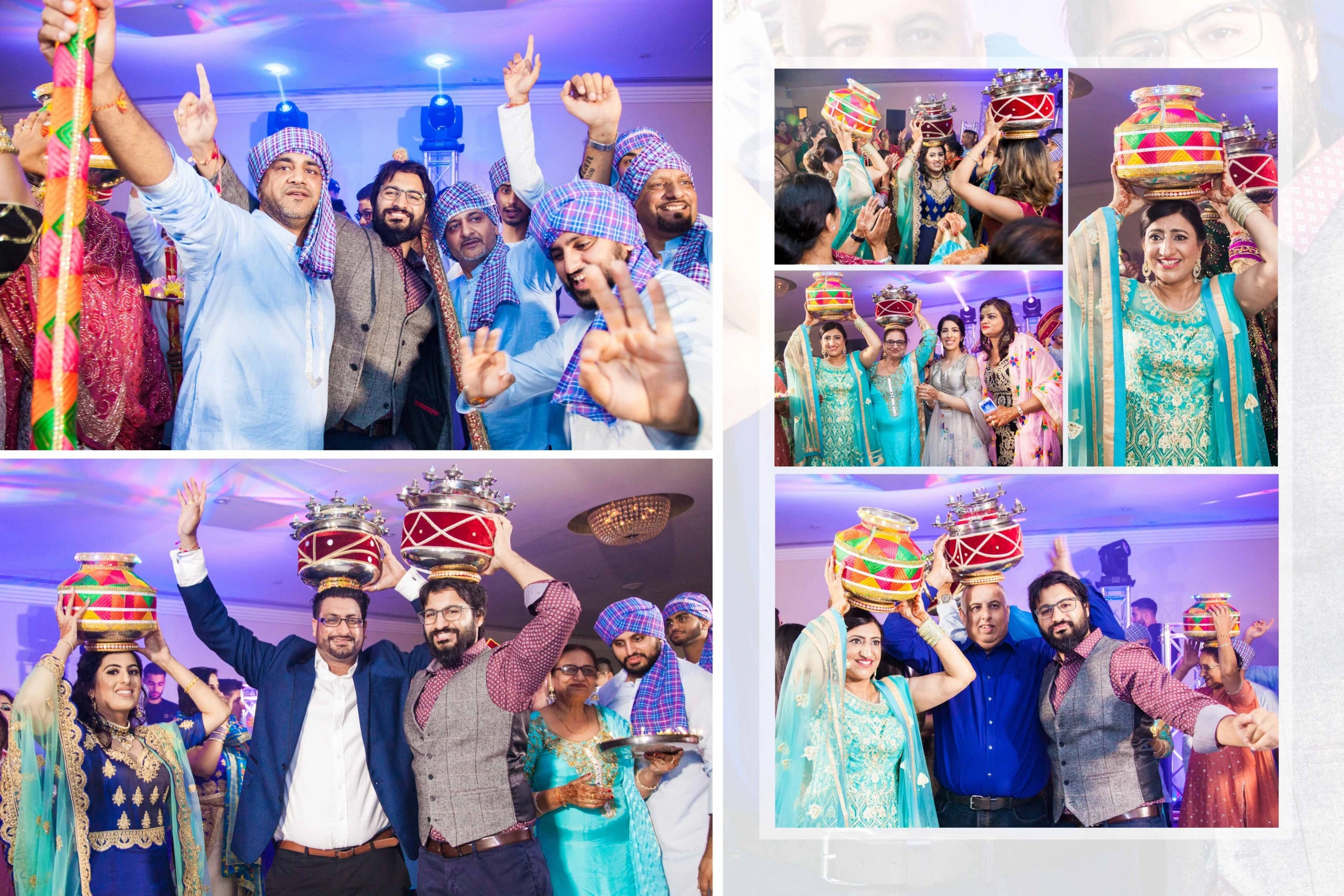 An image collage of an Indian wedding celebration. The top row shows guests dancing and holding up decorative pots. The bottom row shows more guests dancing and laughing. The collage is framed by a white border.