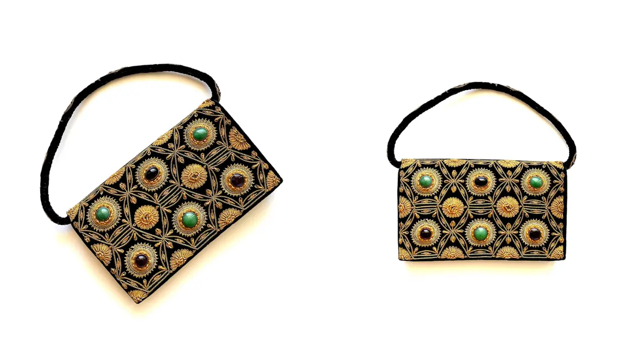 A black velvet handbag with gold embroidery and green stone embellishments, shown from two different angles.