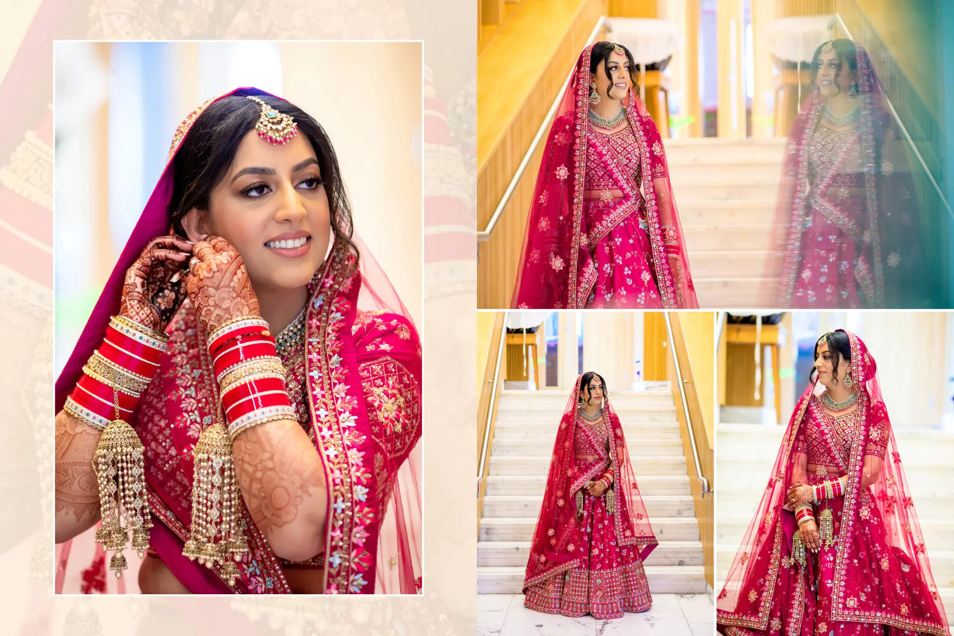 Radiant Punjabi bride in a red lehenga, adorned with jewellery and bridal bangles, captured by Sikh Wedding photographer.