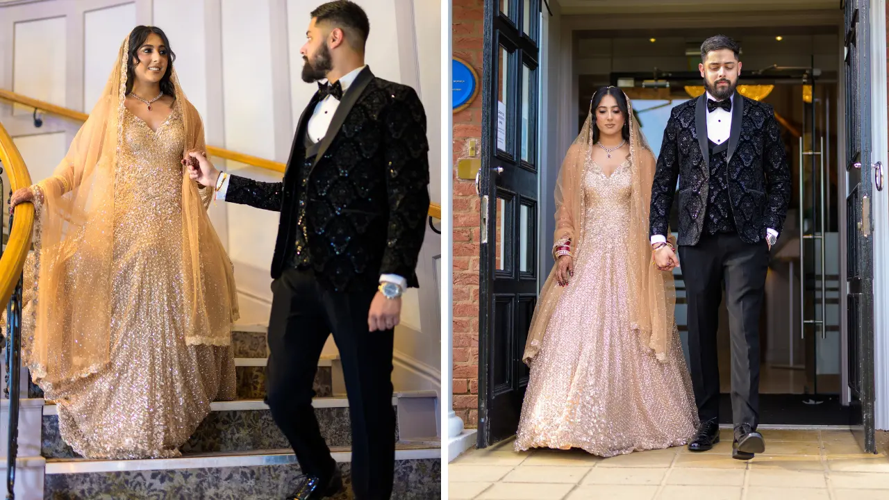 Bride and groom sharing special moments on the staircase and at the entrance of the National Motorcycle Museum Birmingham, showcasing a mix of indoor elegance and outdoor charm.