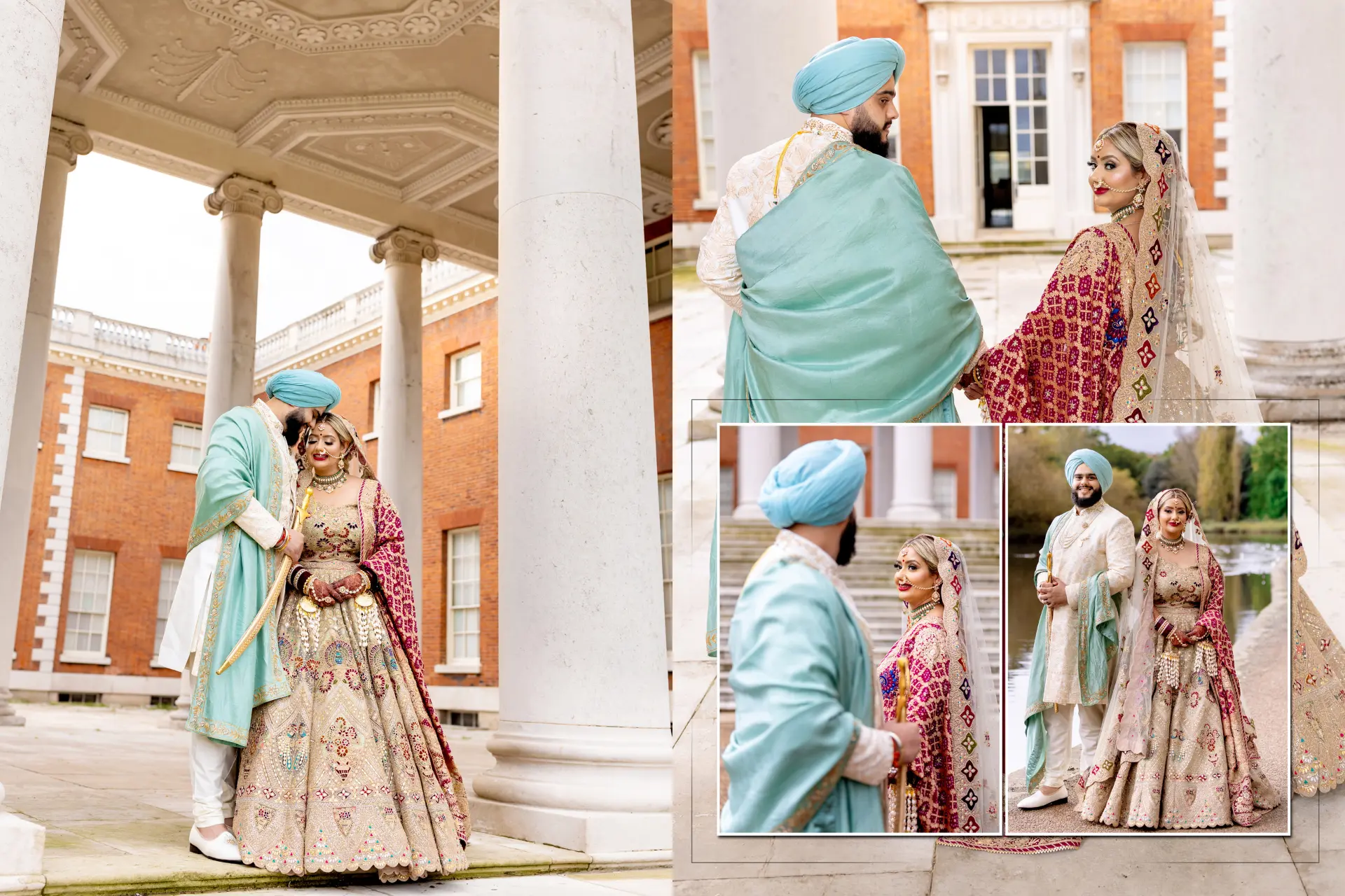 Punjabi wedding photoshoot of a couple in traditional attire, captured by a Sikh wedding photographer outdoors.