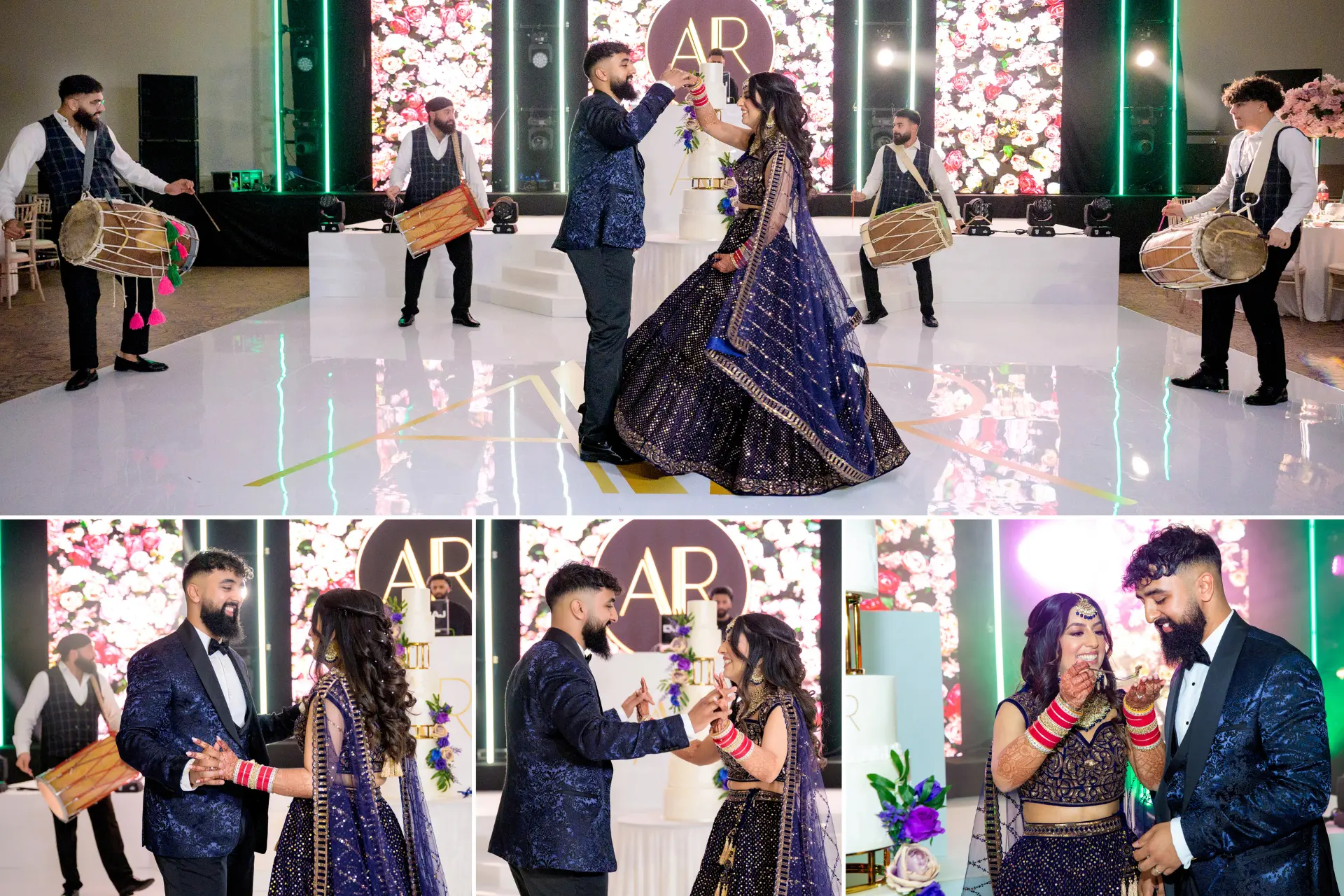 Elegant Punjabi wedding photography of a Sikh couple’s reception, featuring vibrant traditions, videography, and dhol players.