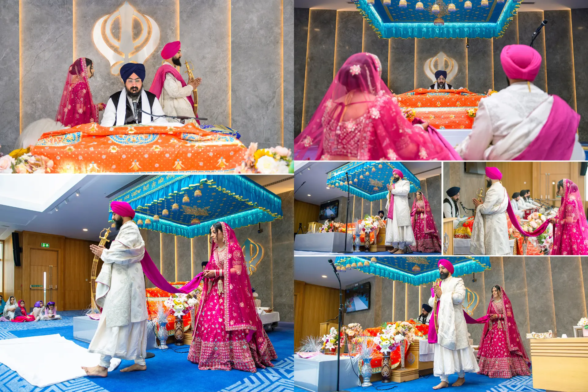 Vibrant Sikh wedding ceremony with bride and groom performing Anand Karaj, captured by Sikh photographer and videographer.