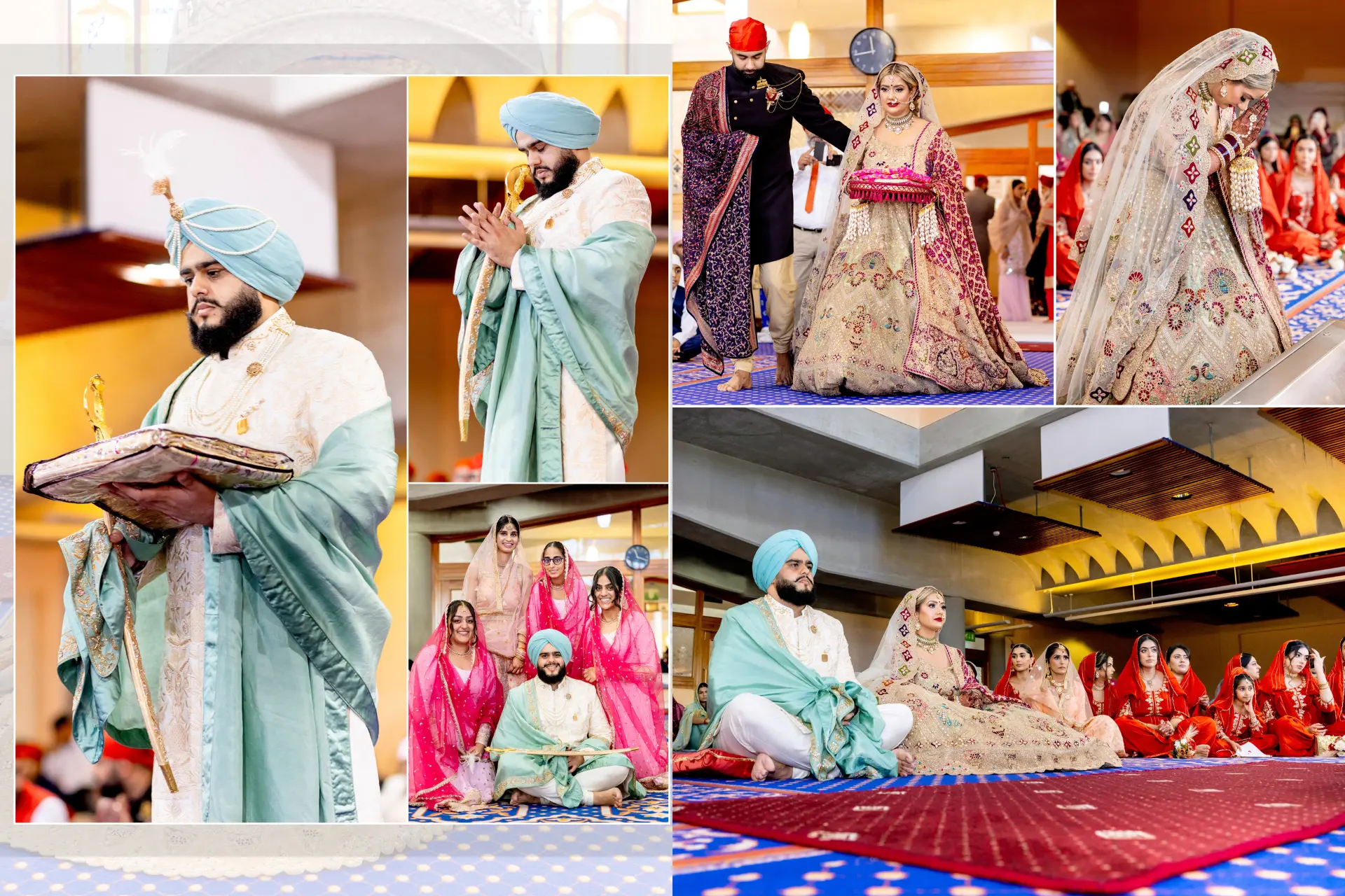 Traditional Sikh wedding moments with bride, groom, and family, captured by a skilled Sikh wedding photographer.