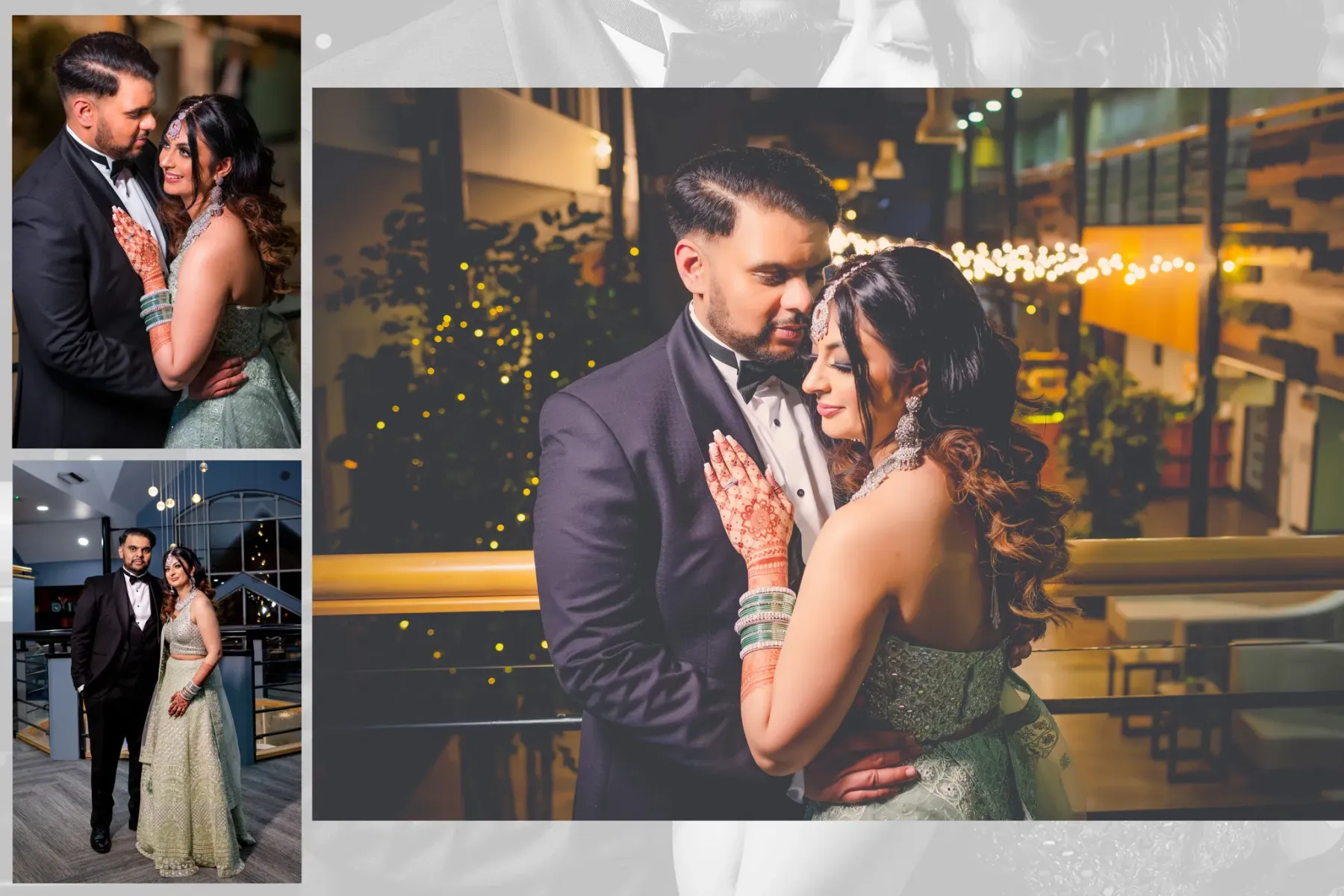 Elegant couple posing for a wedding portrait during a Hindu ceremony.